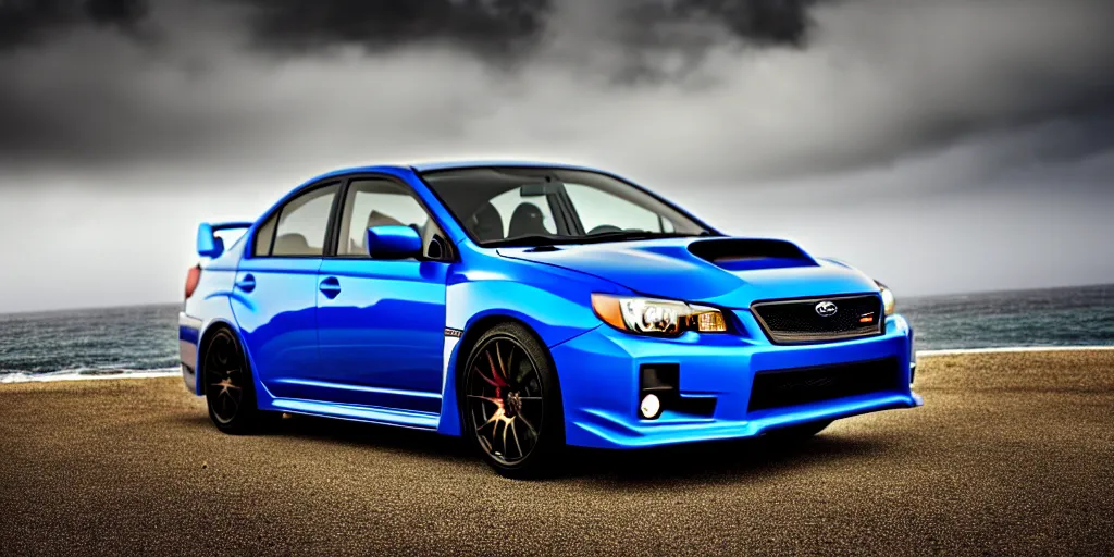 Prompt: photograph, 2011 Subaru WRX STi, hatchback, cinematic, california coast, ocean view, 8k, depth of field, bokeh.