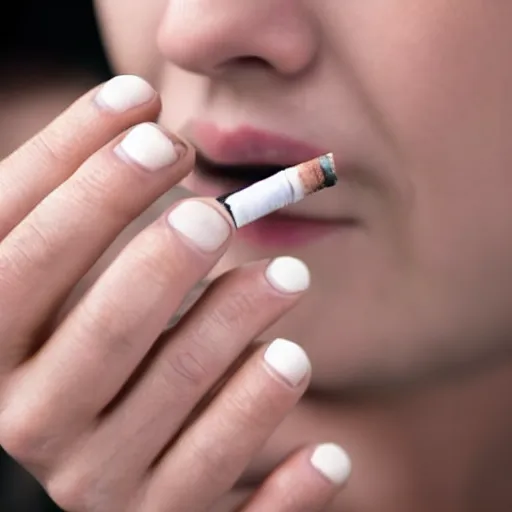 Image similar to a normal female hand with five fingers and ring hold joint, a cigarette between the middle and index fingers, a cigarette, smoke