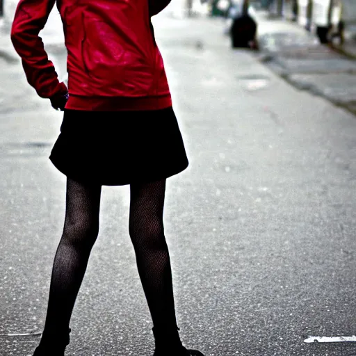 Image similar to a pale emo girl, messy black / red hair, british street background, overcast weather, 2 0 0 6