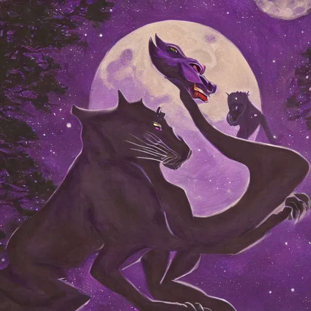 Image similar to closeup of a purple panther roaring at the moon in the forest. night. large moon in the center. cinematic. oil painting. concept art