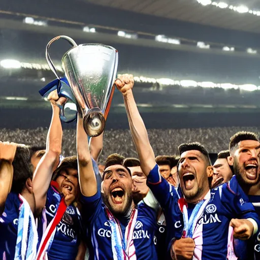 Image similar to sd compostela wins the champions league with borja iglesias captain lifting the cup at the santiago bernabeu stadium