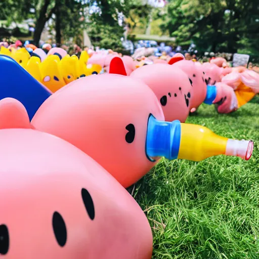 Image similar to a plastic bottle full of waddle dees are squeezed out of the bottle, professional photography outdoors