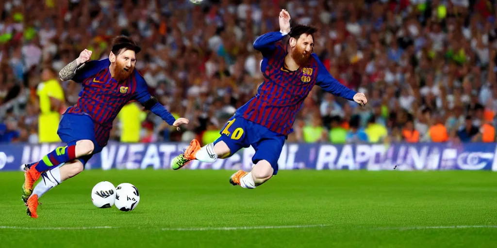 Prompt: messi kicking the planet earth for a goal