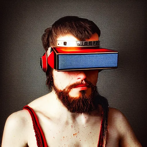 Prompt: Colour Caravaggio and Leonardo da Vinci style full body portrait Photography of Highly detailed Man wearing Ukrainian folk costume with 1000 years perfect face wearing highly detailed retrofuturistic VR headset designed by Josan Gonzalez. Many details In style of Josan Gonzalez and Mike Winkelmann and andgreg rutkowski and alphonse muchaand and Caspar David Friedrich and Stephen Hickman and James Gurney and Hiromasa Ogura. Rendered in Blender and Octane Render volumetric natural light