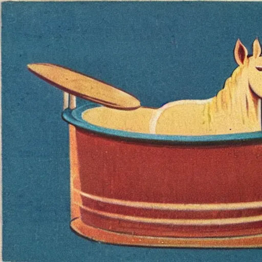 Prompt: vintage 1 9 5 0 s illustration of a horse sitting in a tub full of baked beans