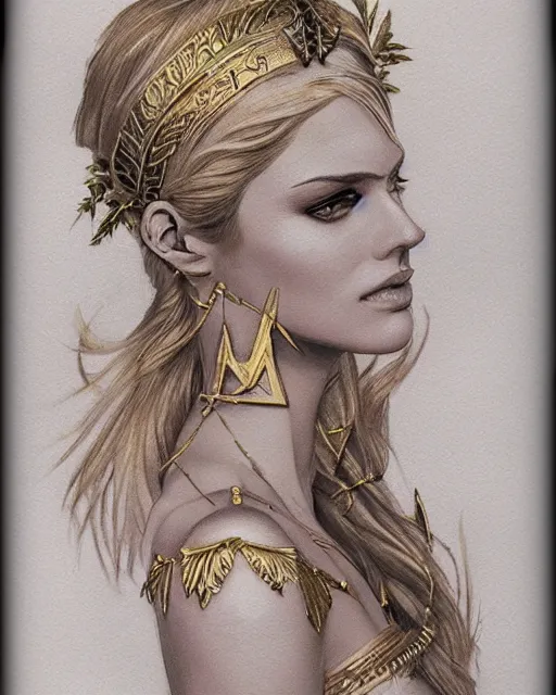 Image similar to tattoo sketch of beautiful super model aphrodite greek goddess wearing a gold laurel wreath and triangle earrings,, beautiful piercing gaze with sharp pupils, beautiful blonde hair, in the style of greg rutkowski, fantasy, amazing detail, epic, elegant, smooth, sharp focus, front view