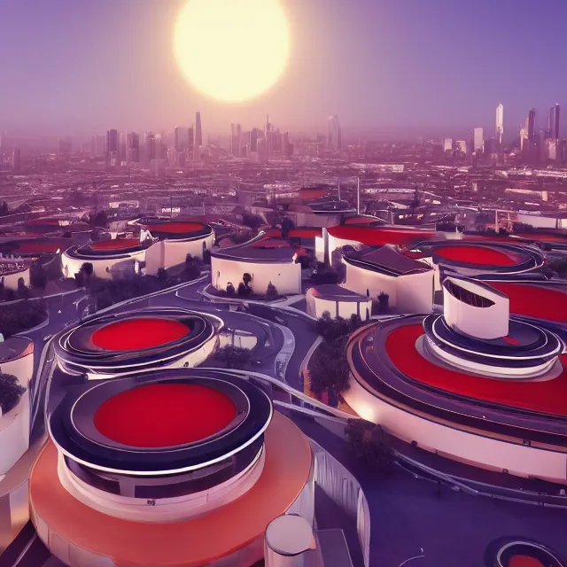 Image similar to futuristic white square building city with circle shaped windows, red colored hills in the background, night lighting, round windows, futuristic cinematic, volumetric, realistic, cinematic lighting, ray tracing, unreal engine 5, octane render, hyper realistic, 8 k