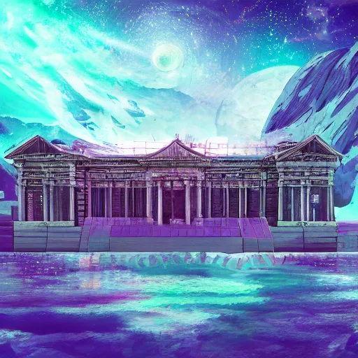 Image similar to ancient palace floating in the space, retrowave epic art, trending on art station