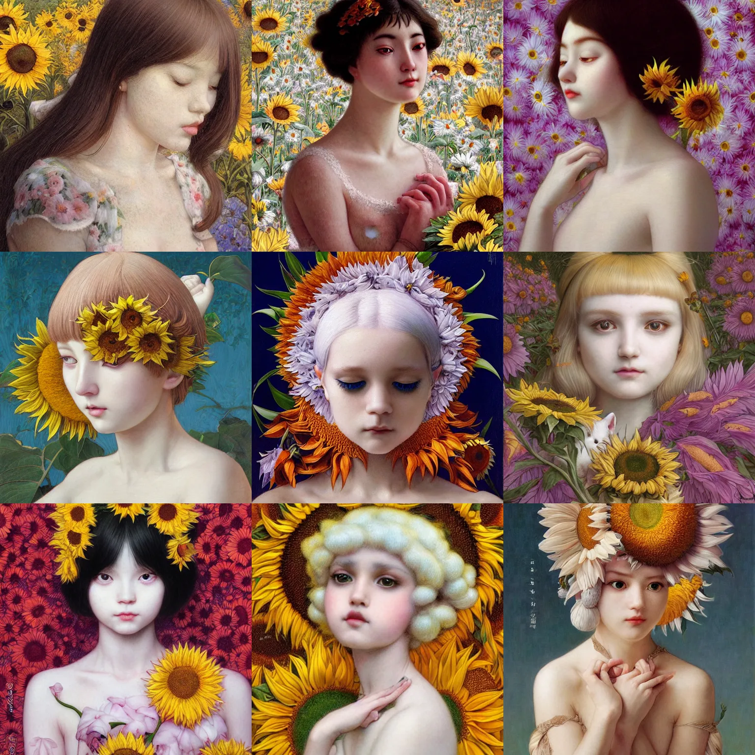 Image similar to white cat girl, botanical, sunflower, portrait face, colorful, frantisek kupka, intricate, miles johnston, kuroda seiki, cynical realism, ozabu, john william godward, painterly, yoshitaka amano, moebius, miles johnston, louise zhang, james jean, mark ryden lowbrow pop surrealism art style