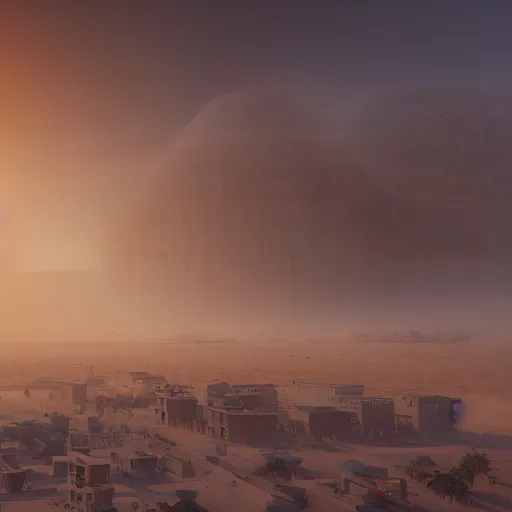 Image similar to A city in the middle of a desert, with a huge sandstorm, in the distance, digital painting, concept art, cityscape, volumetric lighting, light rays, Unreal Engine, 4k, by Barret Frymire