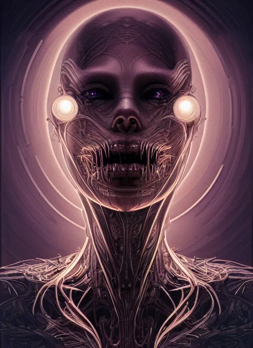 Image similar to symmetry!! portrait of grotesque alien, sci - fi, glowing lights!!, horror, intricate, elegant, dark design, highly detailed, dark lighting, digital art, digital painting, artstation, smooth, sharp focus, illustration, art by artgerm and h r giger and greg rutkowski and alphonse mucha, 8 k