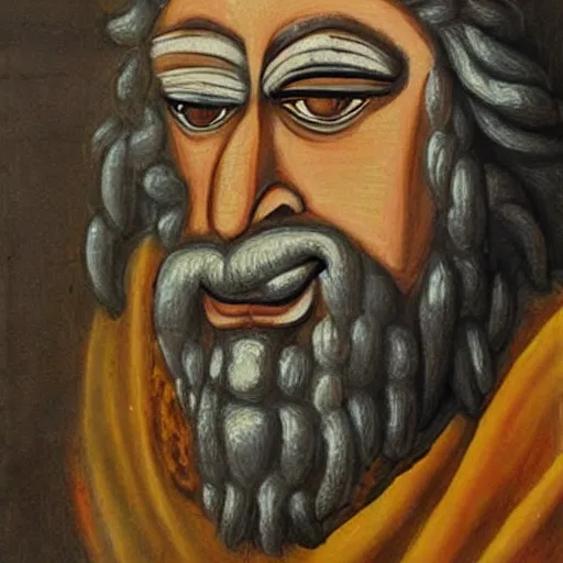 Prompt: portrait of ancient silly greek man with big eyes and sharp nose. fine detail. artistic painting by lurid