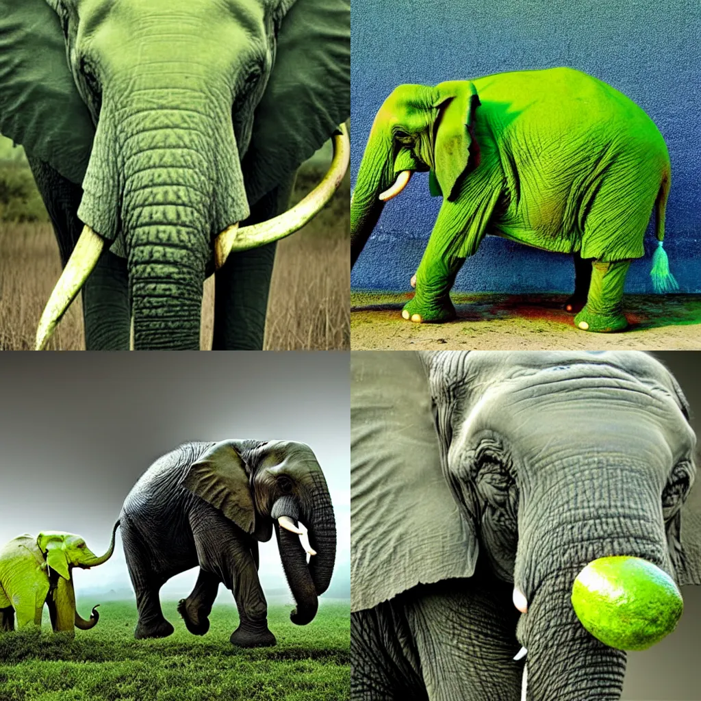 Prompt: a lime !!green!! elephant, award-winning photograph