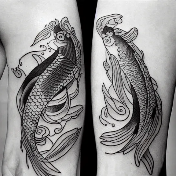 Prompt: “neotraditional tattoo of two koi fishes swimming, digital art, tattoo art, highly detailed, hiperrealistic, photorealistic, 4k UHD, Zoltán Szente, Adam K. Perjatel, Federico Spadafora”