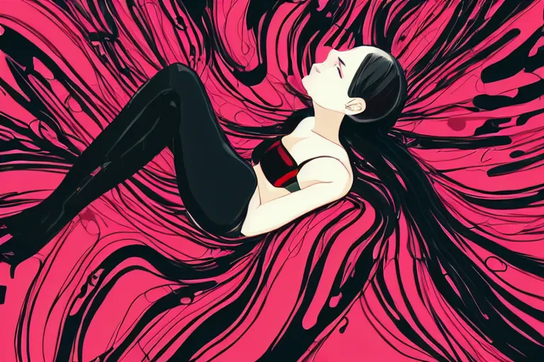 Image similar to a girl laying in an artsy pose, wearing a black outfit with red trim, vector shaded anime style, detailed anime digital art, 4 k