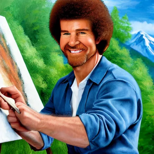 Prompt: a closeup photorealistic photograph of bob ross holding a paintbrush and diligently finishing a canvas painting of tom cruise. mountains and trees. film still. brightly lit scene. this 4 k hd image is trending on artstation, featured on behance, well - rendered, extra crisp, features intricate detail, epic composition and the style of unreal engine.