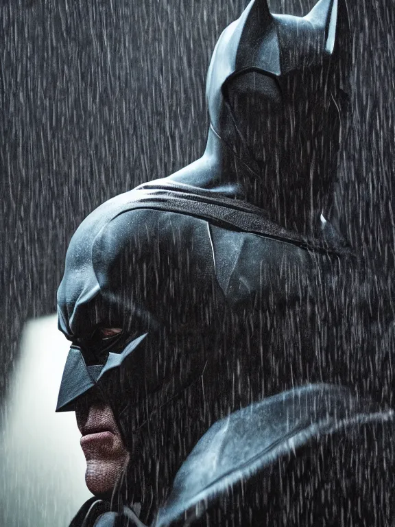 Prompt: film still, ryan reynolds as batman, mask down, hyperrealism, moody lighting, rain, intricate, 8 k