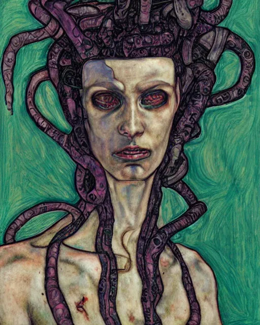 Image similar to portrait of cyberpunk medusa by egon schiele in the style of greg rutkowski