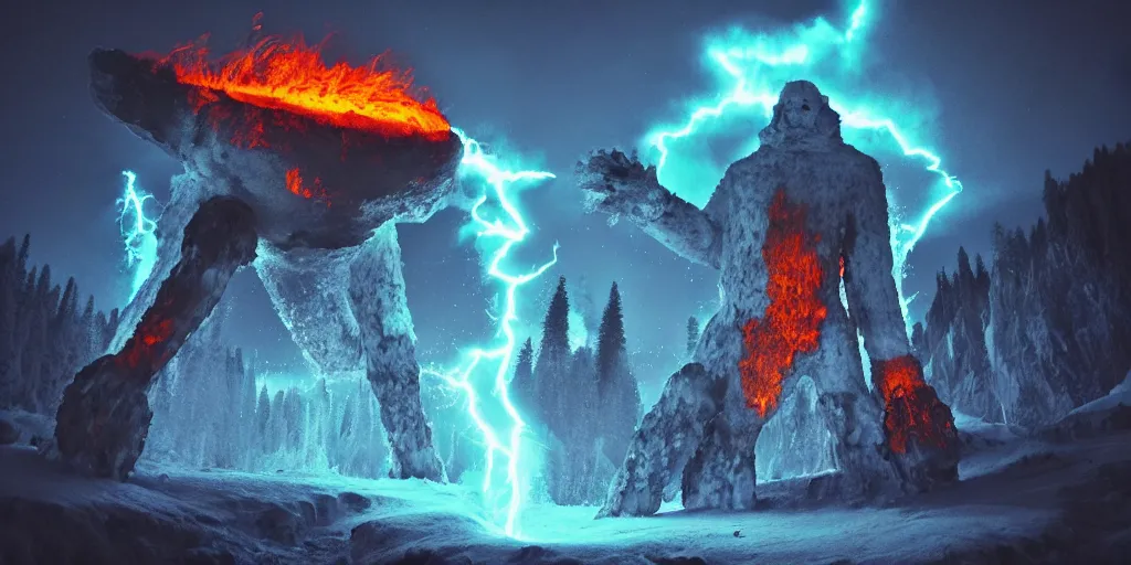 Prompt: giant ice golem, fire, glow, cinematic photo, forest, mountain, video game concept art, lightning