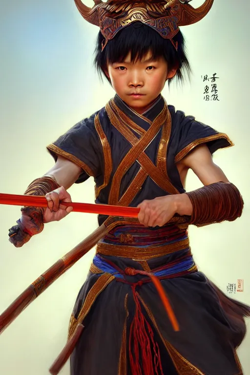 Image similar to a masterpiece portrait of nezha, highly detailed, boy hold spear, chinese fantasy, highly detailed, digital painting, trending on artstation, concept art, sharp focus, illustration, global illumination, ray tracing, realistic shaded, art by artgerm and greg rutkowski and fuji choko and viktoria gavrilenko and hoang lap