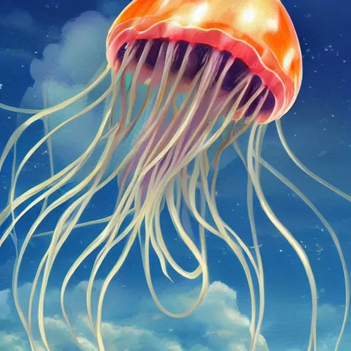 Image similar to studio ghibli jellyfish in a bright ocean deep focus, fantasy, intricate, elegant, highly detailed, digital painting, artstation, concept art, matte, sharp focus, illustration