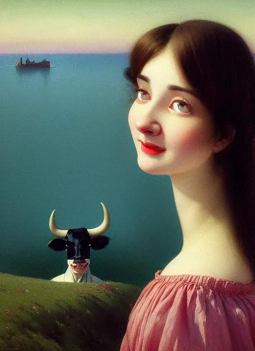 Image similar to hyper detailed 3 d render like a oil painting - cute portrait of a brunette called emma, italian looks, looking at camera, symmetrical face, long brunette hair, with a smiling cow looking over her shoulder by ryden, kawase hasui, dorothea tanning, edward hopper and james gilleard, aivazovsky, beksinski, outram, artstation