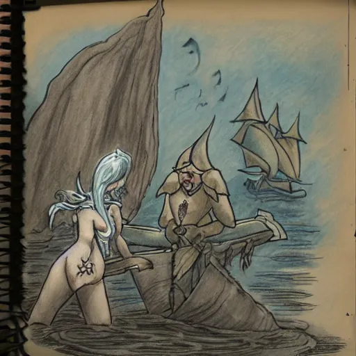 Image similar to a sea elf trying to get an commander, dripping with water, to sign a piece of parchment fantasy drawing