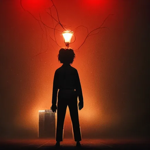 Prompt: Demogorgon from stranger things in a city at night, with fog, and a street lamp illuminating the Demogorgon