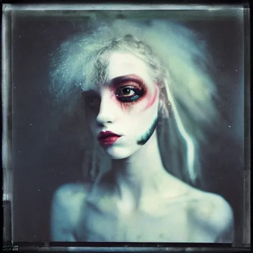 Prompt: kodak portra 4 0 0, wetplate, photo of a surreal artsy dream scene,, girl, ultra - realistic face, dark eyes, weird fashion, grotesque, extravagant dress, carneval, animal, wtf, photographed by paolo roversi style