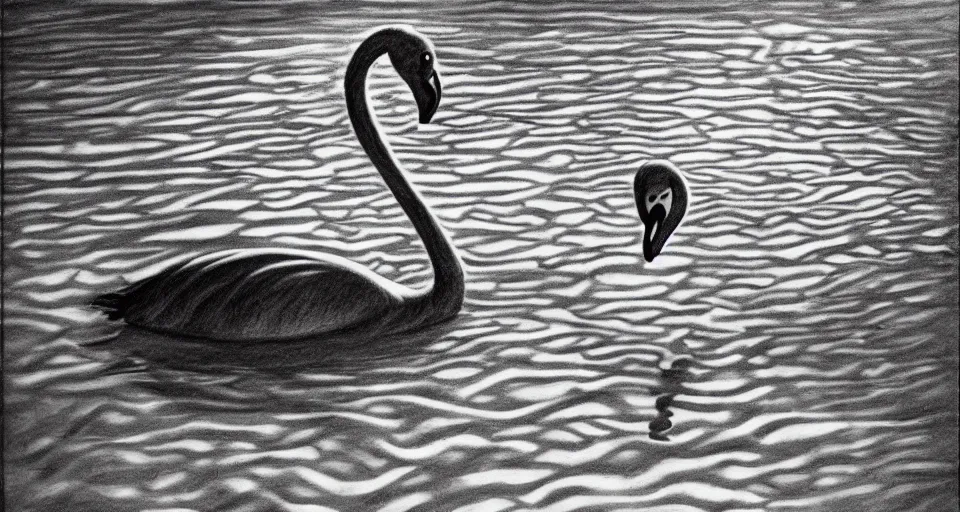 Image similar to pencil sketch of an inflatable flamingo in a swimming pool, highly detailed, dramatic lighting, intense shadows, rich deep colours, by salvador dali