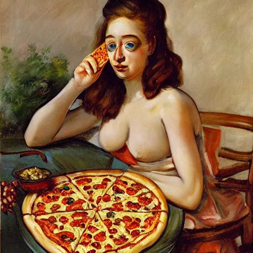 Image similar to A beautiful print of a young lady with a serious case of the munchies, eating an entire pizza while sitting in front of an open refrigerator. body paint by Harriet Backer, by Go Nagai funereal