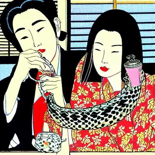 Image similar to Japanese beauty wrapped in a snake having tea with her husband by Toshio Saeki, high detailed