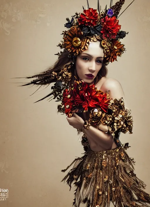 Prompt: full body environmental portrait photo of a female model, ornate headpiece made from flowers, ornaments, glamour shot by gemmy woud - binnendijk, chris knight, photorealistic, canon r 3, fashion photography, ornate, symmetrical features, octane render, unreal engine, solid dark background, clamp shell lighting, rim lighting