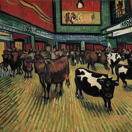 Prompt: cows trying to get into The Steakhouse inside Circus Circus casino at 3AM during a riot, surreal, ultra detailed, by vincent van gogh in 1890