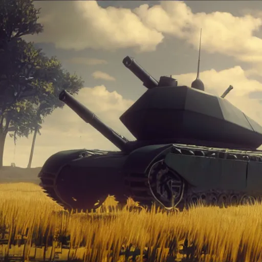 Image similar to a high resolution image from nier : automata, featuring 9 s android fighting an armoured vehicle resembling a russian t 3 4 tank in yellow rye field under pure blue skies