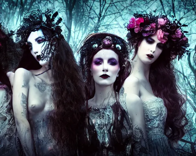 Prompt: three stunning otherworldly gothic goddesses of beauty wearing psychedelic wicca, full body, dark and mysterious, atmospheric, ominous, eerie, cinematic light, epic, 8 k 3 d, ultra detail, ultra realistic