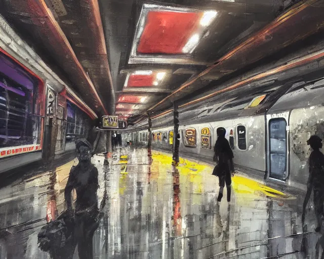 Prompt: urban nyc subway decay gothics, comic style painting with oil on cardboard, intense brushstrokes with rough brush, Storybook Illustration, cinematic color palette, UV, 4K