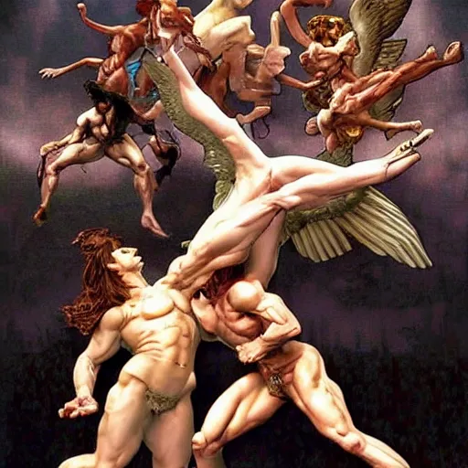 Prompt: slim and muscular angels wrestling with demons, hyper realistic, digital painting. art station. mood lighting, highly detailed, concept art, intricate, sharp focus, by shaun berke and alphonse mucha, milo manara - h 1 2 0 0