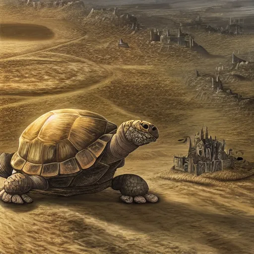 Prompt: gargantuan tortoise with a large castle rising from the shell, walking through a sandy wasteland, inspired by howls moving castle and mortal engines, mid - distant shot centered birds eye view, fantasy, hyper detailed, 4 k