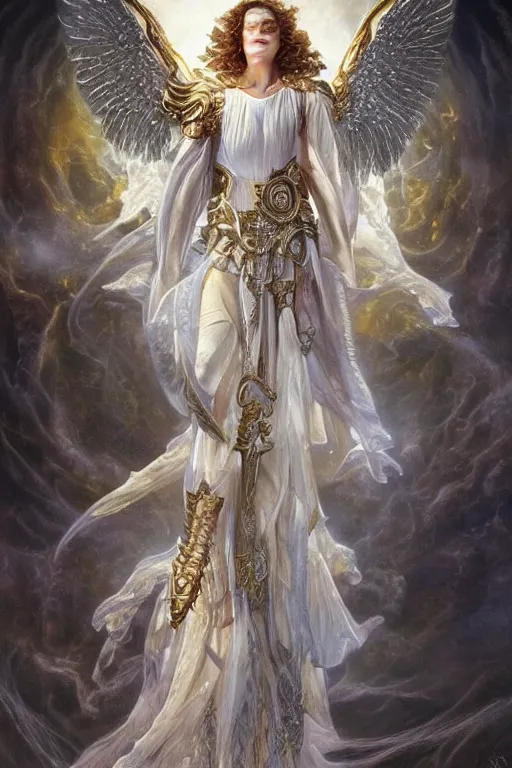 Prompt: white muscular angel with wings, wearing diamond armor, shining light, jewelry, god rays by Karol Bak, Ayami Kojima, Amano