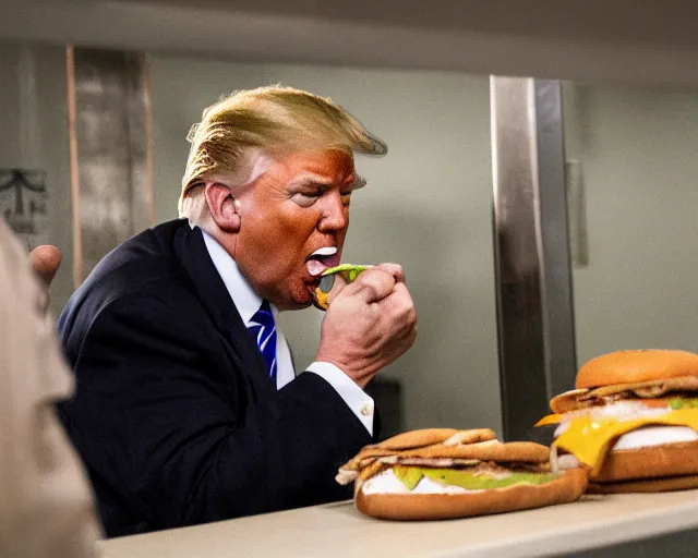 Image similar to Reuters Photograph of Donald Trump in jail cell, eating a cheeseburger, uhd, 8k, wide angle lense, fisheye.