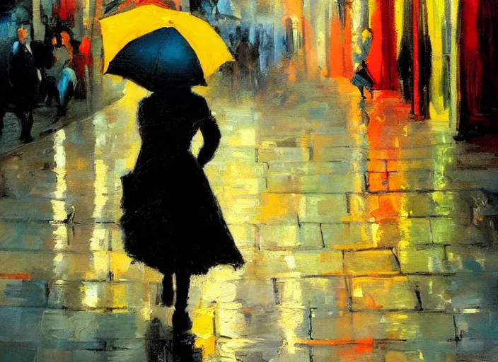 Prompt: evening city scene with young woman with umbrella raised slightly. beautiful use of light and shadow to create a sense of depth and movement. using energetic brushwork and a limited color palette, providing a distinctive look and expressive quality in a rhythmic composition