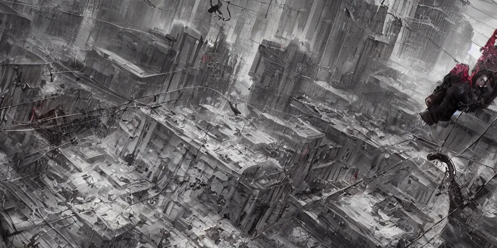 Image similar to cinematic shots of teenagers with tactical clothing and hoods hanging from wires on top of the capitol building covered with giant graffitis, dystopian future, industries in ruins, sci - fi, night lights, haze, concept art, intricate, in the style of katsuhiro otomo, akira, unreal engine