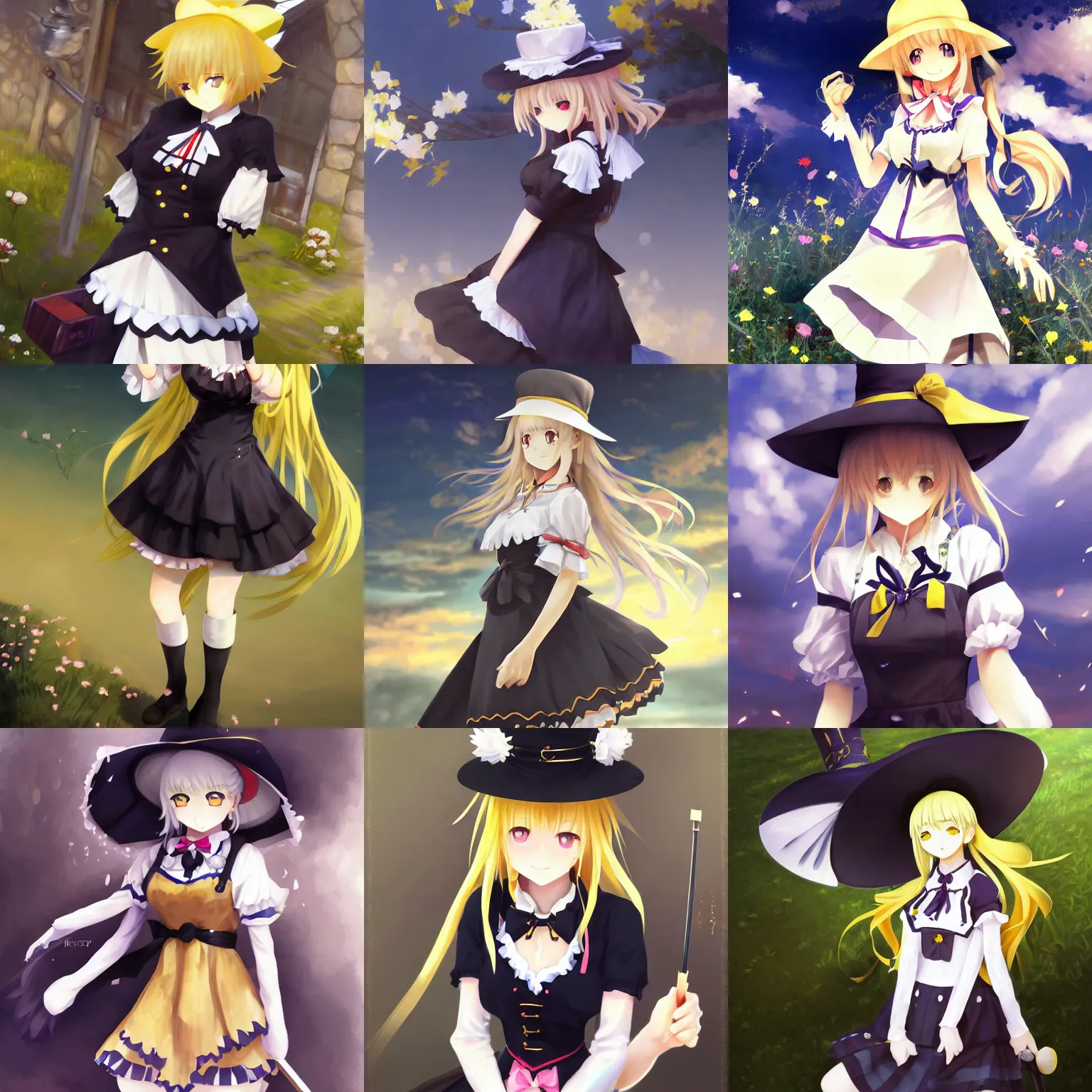 Prompt: pixiv artwork portrait of marisa kirisame from touhou project, marisa kirisame touhou artwork by greg rutkowski makoto shinkai key art kyoto animation 4 k 8 k ultrahd trending award winning black hat broom blonde hair finely detailed yellow eyes maid dress white apron