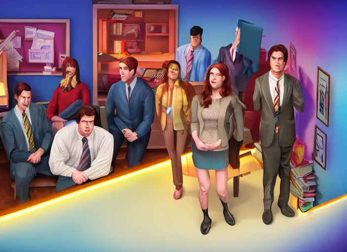 Prompt: ( ( ( portrait painting of the office, michael, jim, pam, dwight, kevin, oscar ) ) ) by mike campau and matt stewart, fantasy, photorealistic, octane render, vibrant colors, unreal engine, dynamic lighting, perfect factions, very detailed faces, trending on artstation, poster, volumetric lighting, 4 k, award winning