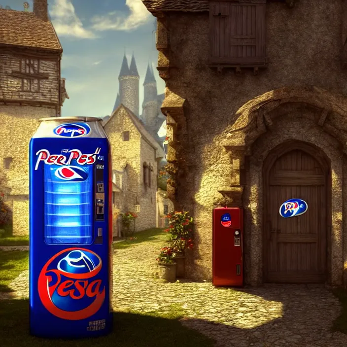 Image similar to pepsi vending machine outside a medieval house in a fantasy village. extremely high details, realistic, fantasy art, cinematic, octane render, volumetric lighting, depth of field, bokeh, masterpiece, artstation contest winner, art by johannen voss, frank frazetta