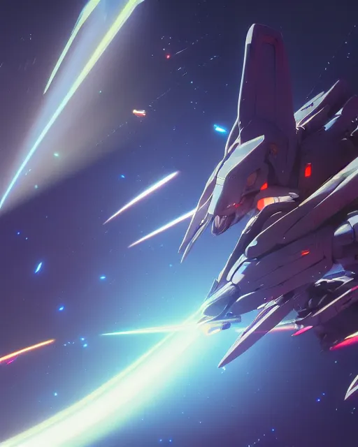 Image similar to highly detailed vfx portrait of a gundam with wings of feathers beam saber fighting in space with a beam gun, unreal engine, greg rutkowski, loish, rhads, beeple, makoto shinkai and lois van baarle, ilya kuvshinov, rossdraws, tom bagshaw, alphonse mucha, global illumination, detailed and intricate environment