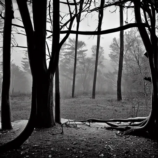 Image similar to moonlight shines through dead tree limbs, illuminating a small child peering into the window of a cabin on a dark foggy night