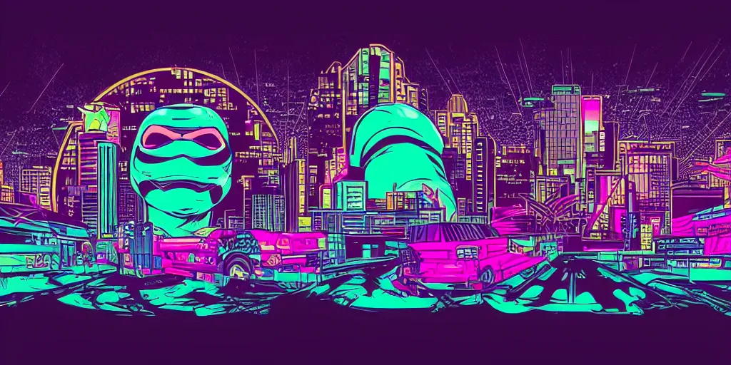 Image similar to vaporwave, vector graphics, ninja turtles, synthwave, neon, cityscape