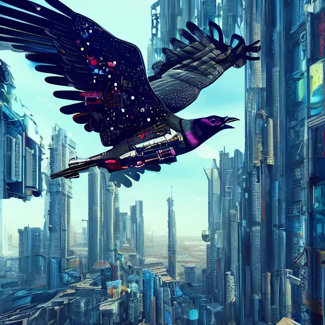 Prompt: a photograph of a cyberpunk bird in flight, detailed render, epic composition, cybernetics, 4 k realistic, cryengine, realistic shaded lighting, sharp focus, masterpiece, by matteo scalera by sandra chevrier, by jon foster,